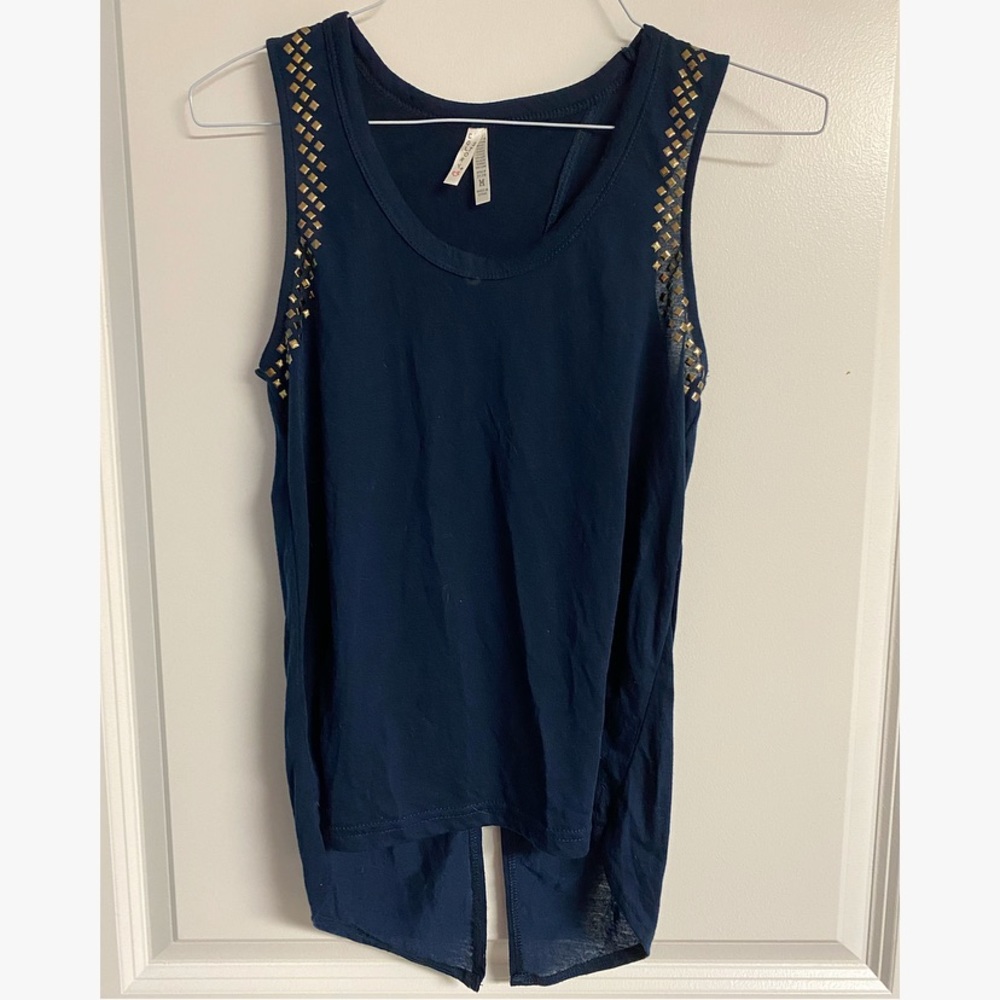 Col Story Blue Sleeveless Top with Gold Studded Arm Holes & A Wrap Style Back